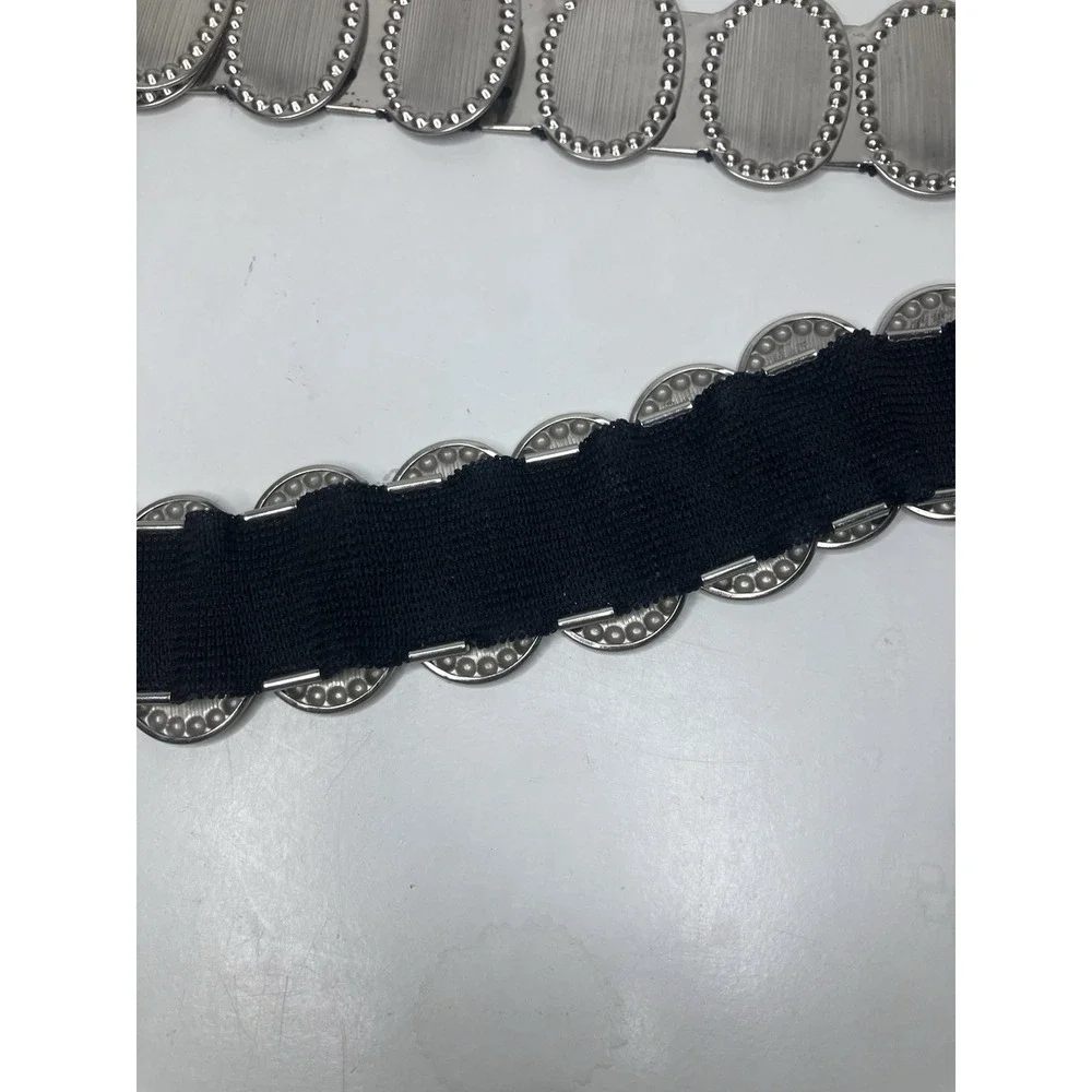 Vintage Silver Tone Metal & Black Elastic Stretch Textured Oval Medallions 2XL